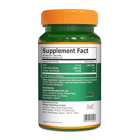 Pure Nutrition Vitamin C With Amla Extract & Zinc Supplement - 1027Mg 120 Veg Tabs Immune Support Supports Skin & Bone Health