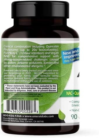 Emerald Labs Allergy Health - Natural Allergy Support With Quercetin Phytosome, Bromelain, Vitamin C As Pureway-C & More - Vegan & Gluten- - 90 Vegetable Capsules (30-Day Supply)