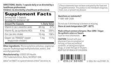 Klaire Labs Zinc Plus Immune Support Supplement - Zinc Citrate With Copper, Vitamin B6 & Vitamin C - Hypoallergenic (60 Capsules)