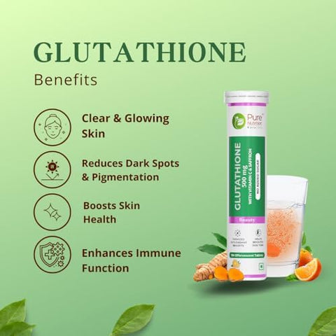 Pure Nutrition LGlutathione 500Mg 30 Effervescent Tablets (15X2) With Vitamin C and Saffron Orange Flavour Supports Skin Immunity and Daily Wellness