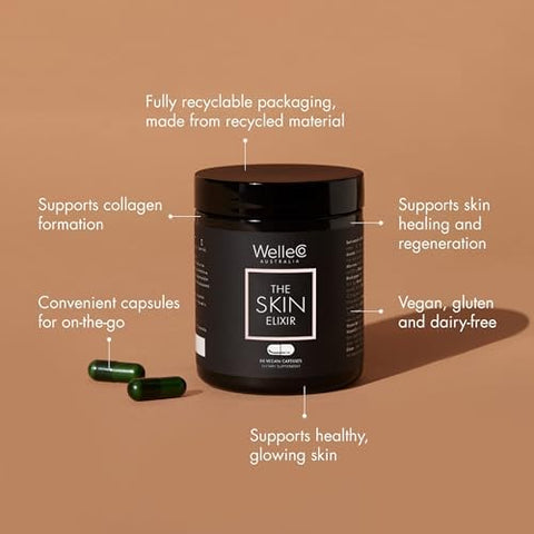 Welleco The Skin Elixir Greens Powder Capsules Plantbased Superfood Supplement With Zinc Turmeric & Antioxidants For Glowing Skin Collagen & Elasticity 60 Ct
