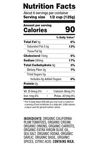 Sonoma Gourmet Jarred Organic Vodka Cream Sauce | USDA Organic, Non-GMO | 25 oz Jars (6 Pack)