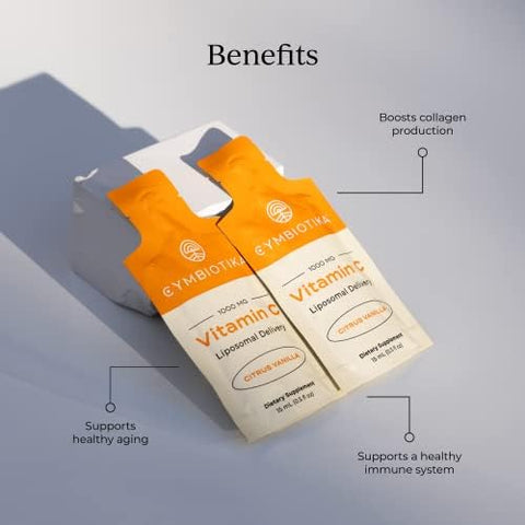 CYMBIOTIKA Vitamin C Individual Packets Liposomal Delivery Supplement for Immune Support Collagen Boost and Healthy Aging Skin Hydration Packets Citrus Vanilla Flavor 30 Count