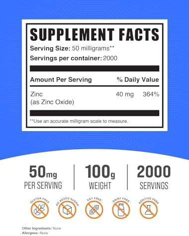 Bulksupplements.Com Zinc Oxide Powder - Zinc 40Mg, Zinc Oxide Supplement, Zinc Powder For Immune Support - Gluten Free, 50Mg Per Serving, 100G (3.5 Oz) (Pack Of 1)