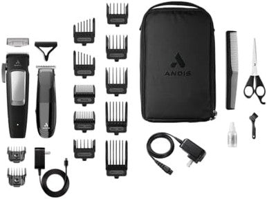 Andis 561506 Incred Cordless Adjustable Hair Clipper & Close-Cutting T-Blade Trimmer Combo Set 23-Piece Kit Powerful Motor Lithium-Ion Battery Black
