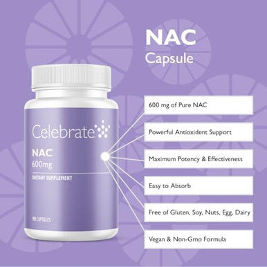 Celebrate Vitamins Nac (N-Acetyl Cysteine) Supplement, 600Mg Per Capsule, Gluten , Non-Gmo, 90 Capsules