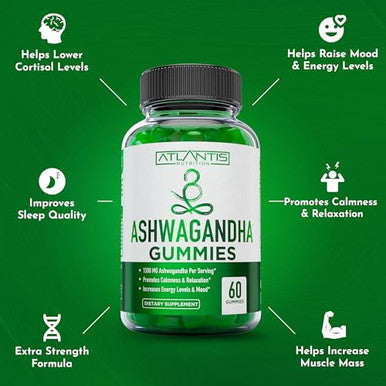 Atlantis Nutrition Ashwagandha Gummies - 1500 Mg Per Serving - Promotes Calmness, Improves Mood, Boosts Energy Levels & Strengthens Immune System - Formulated With Vitamin D & Zinc - Vegan 60 Count