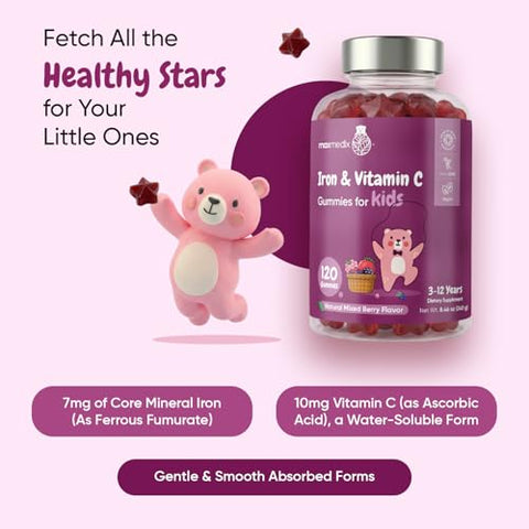 Maxmedix Kids Iron Gummies With Vitamin C 120 Gummies (4-Month Supply) 7Mg Of Kids Iron Supplement With Vitamin C 10Mg Natural Mixedberry Flavored 1 Gummy Per Day Vegan Non-Gmo
