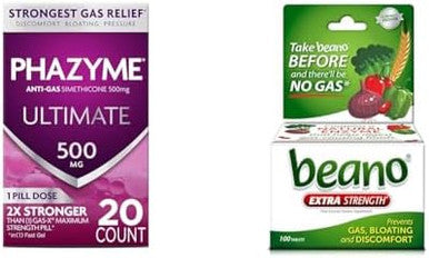 Phazyme Ultimate Gas Bloating Relief Works In Minutes 500 Mg Simethicone Fast Gels 20 Count & Beano Ultra 800 Gas Prevention And Digestive Enzyme Supplement 100 Count