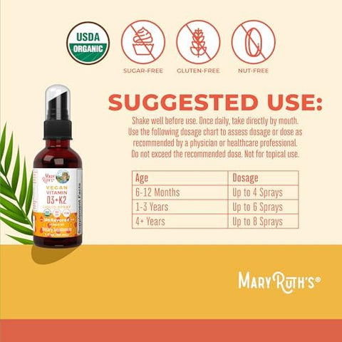 MaryRuth's Organic D3 + K2 Spray for Adults and Kids for Bone Health Vitamin D3 as Cholecalciferol Vitamin K2 Immunity Mineral Absorption Heart Health Vegan NonGMO Gluten Free 1 Fl Oz