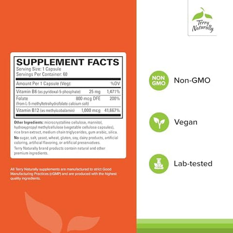 Terry Naturally Bioactive Vitamin B Aid Heart Health With Bioactive B Vitamins Supplement With Folate & Calcium B Complex Vitamin To Aid Nervous System Function 60 Capsules