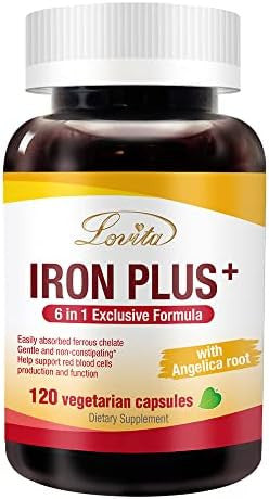 Lovita Iron 18 Mg, 6 In 1 Iron Supplement For Women, Vitamin C, Dong Quai & B12, Vegan Vitamin To Support Red Blood Cell Production Without Constipation, 120 Capsules