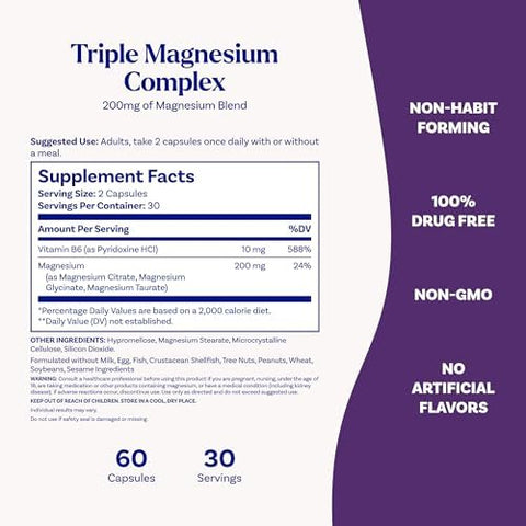 Natrol Triple Magnesium Complex Supplement Glycinate Citrate and Taurate 200Mg High Absorption Support Whole Body Wellness 60 Capsules