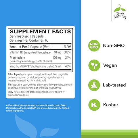 Terry Naturally Bioactive Magnesium Complex Bone & Heart Health Support Supplement With Vitamin B6 Zinc & Magnesium Pyridoxal5Phosphate Vegan Capsule Supplement 60 Capsules (Pack Of 2)