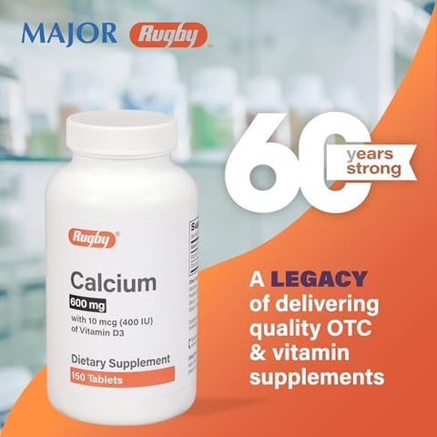 Rugby 600 mg Calcium Tablets Made with 10 mcg (400 IU) of Vitamin D3 Dietary Supplement 150 Tablets
