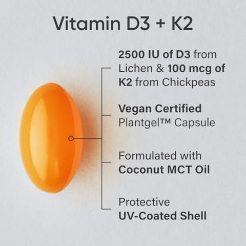 Sports Research Vitamin D3 K2 W/Coconut Oil - Vegan Vitamin D 2500Iu (62.5Mcg) & Mk7 Vitamin K 100Mcg For Bone & Immune Support - Vegan Certified Non-Gmo Soy Free 60 Softgels