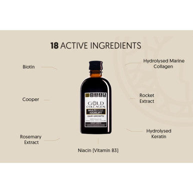 Gold Collagen Multidose Hairlift - Biotin Hair Growth Marine Collagen Supplements for Women & Men with Hyaluronic Acid Zinc Hair Vitamins and Keratin Hair Treatment Also for Skin and Nails 300 ml