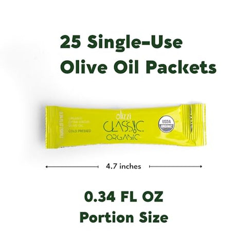Olive Oil Packets - Olizzi Classic Organic Extra Virgin, New Harvest, Award Winning, Cold Pressed, USDA Organic Certified, Single Serve, Mini, Salad Dressing To Go, Individual, Travel Size, 25 Single Use Packs (0.34 Fl Oz / Unit