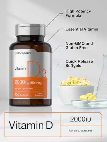 Horbaach Vitamin D3 2000IU Softgels 150 Count 50mcg Cholecalciferol NonGMO and Gluten Free Supplement