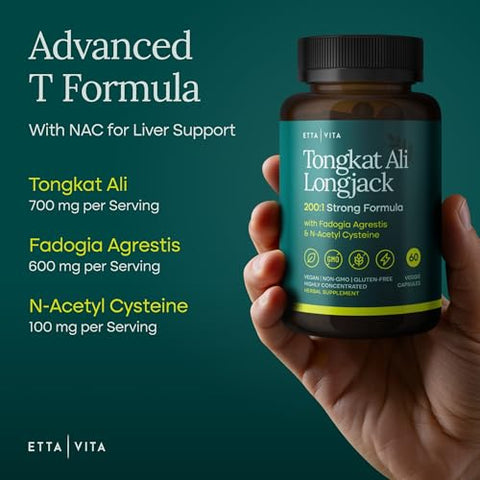 Etta Vita Potent Longjack - Tongkat Ali & Fadogia Agrestis Supplement For Men & Womens Energy T Support Lean Muscle Growth & Recovery Hormonal Balance Pre-Workout With Vegan Nac Liver Detox & Cleanse