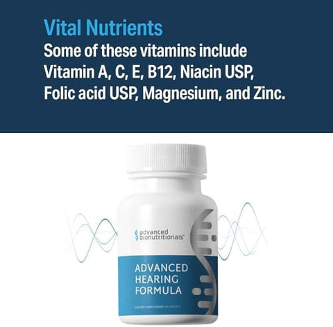 Advanced Hearing Formula Supplement Ear Health Vitamins Support Auditory Nerve Function Multivitamin With Vitamins A C E Folic Calcium Magnesium Zinc (60 Tablets)