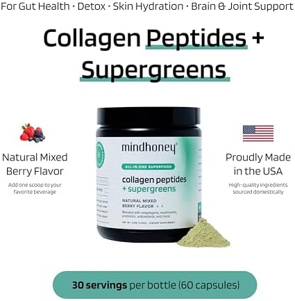 Mindhoney Collagen Peptides + Super Greens Premium Allinone Superfood Powder Gut Health Detox Hair & Skin Immunity Collagen Peptides Super Greens Probiotics Adaptogens 30 Servings