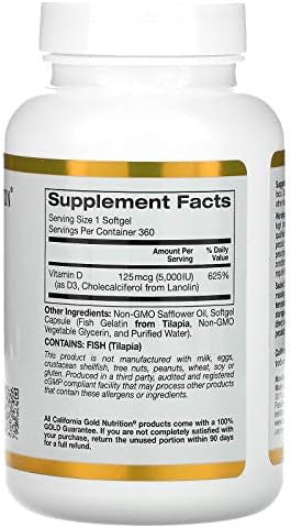 California Gold Nutrition Vitamin D3 125 Mcg (5000 Iu) 360 Fish Gelatin Softgels 5 Pack