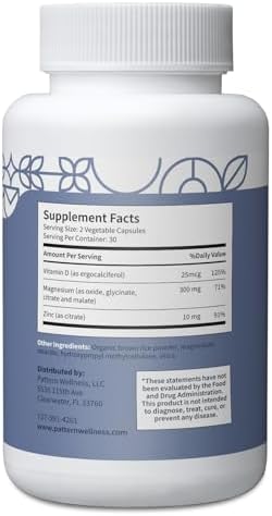 Pattern Wellness Magnesium Complex - Natural Sleep + Mood Support Bone + Muscle Health Overall Wellness - Added Zinc - 60 Vegan Capsules