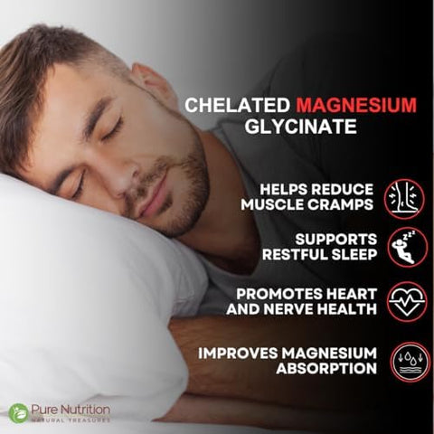 Pure Nutrition Chelated Magnesium Glycinate Supplement 120 Vegan Tablets 2000Mg Per Serving.