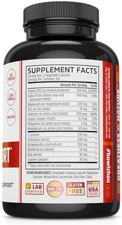 Zhou Thyroid Support Complex With Iodine Supplement, Increase Energy, Fight Brain Fog With Vitamin B12, Iodine, Magnesium, Zinc, Selenium, No Soy, Gluten-Free, 30 Servings, 60 Caps