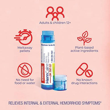 Boiron Hemcalm On The Go Travel Essential For Hemorrhoid Relief Of Pain Itching Swelling Or Discomfort 2 Count (160 Pellets)