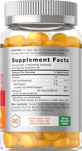 Horbaach Vitamin D3 2000iu Gummies 90 Count Vegetarian Pineapple Flavor 50 mcg NonGMO Gluten Free Vitamin D Supplement