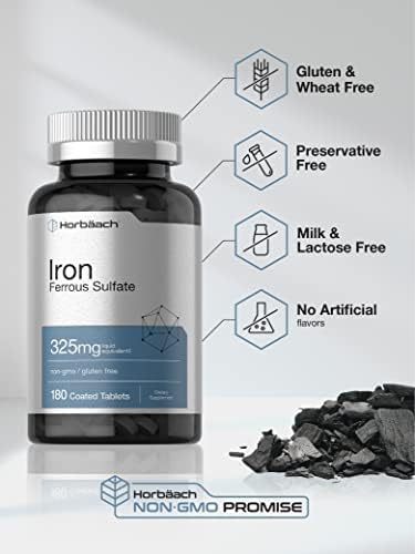 Horbaach Iron Supplement Tablets 180 Count Ferrous Sulfate Vegetarian NonGMO and Gluten Free