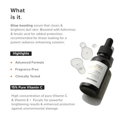 Minimalist Vitamin C+E+Ferulic Acid 16% Face Serum For Brightening & Anti Aging | Reduces Skin Damage & Redness To Brighten Dull Complexion | For All Skin Types | For Women & Men | 0.68 Fl Oz / 20 Ml