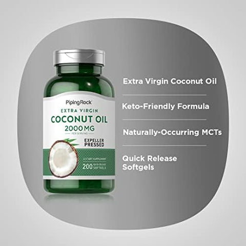 Piping Rock Coconut Oil for Skin and Hair | 2000mg Softgel Capsules | 200 Count | Expeller Pressed | Extra Virgin | Non-GMO, Gluten Free Supplement