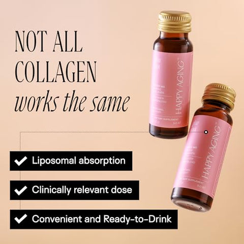 Happy Aging Marine Collagen Peptides Glow Shot 10000Mg - Liquid Collagen For Women With Liposomal Delivery - Promotes Skin Hydration Elasticity & Radiance - Supports Hair & Nails 10 Shots
