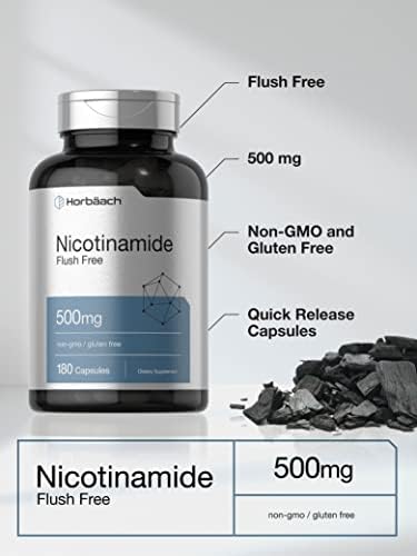 Horbaach Nicotinamide 500mg 180 Capsules Flush Free Dietary Supplement NonGMO and Gluten Free Vitamin