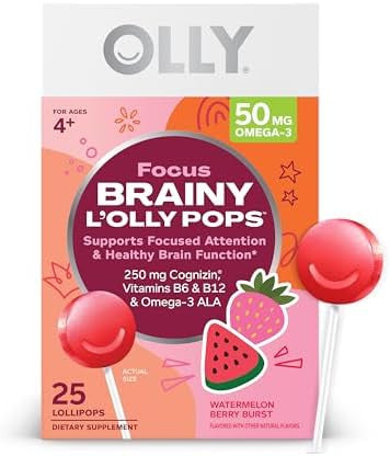 Olly Focus Buddies L'Olly Pops Omega3 Ala B6 B12 Cognizin Kids Supplement Lollipops To Supports Focused Attention & Healthy Brain Function Vegetarian Watermelon Strawberry 25 Count