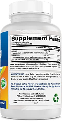 2 Packs Best Naturals Calcium Magnesium Zinc 180 Tablets Essential Cal Mag Zinc Mineral Complex (Total 360 Tablets)