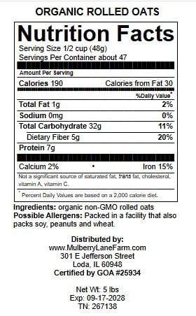 Rolled Oats 5 Pounds Old Fashioned Oatmeal, USDA Organic, Non-GMO Bulk, Mulberry Lane Farms