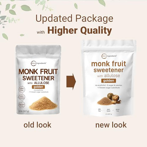 Micro Ingredients Golden Monk Fruit Sweetener Allulose, 2 lbs | No Erythritol, No Aftertaste, 1:1 Brown Sugar Substitute | Zero Calorie, Great for Drinks, Coffee, Tea, Cookies | Keto, Vegan, Non-GMO