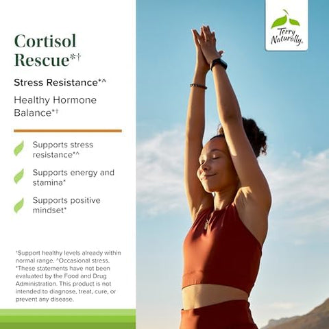Terry Naturally Cortisol Rescue Stress Response Support With Vitamin C & Bioactive B Vitamins Adrenal Health & Energy Support Supplement 60 Capsules (60 Servings)