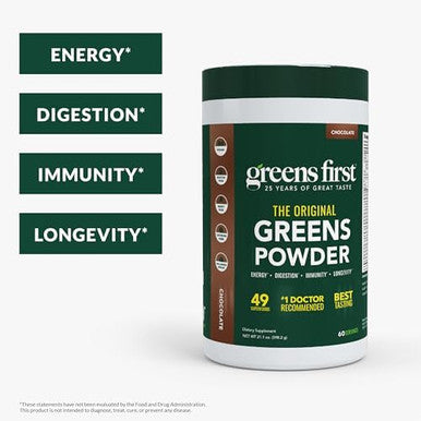 Greens First Original Greens Powder 49 Superfoods Organic Fruits & Veggies Prebiotics Probiotics Digestive Enzymes Antioxidant Smoothie Dairy Vegan Nongmo (Chocolate 60 Servings)
