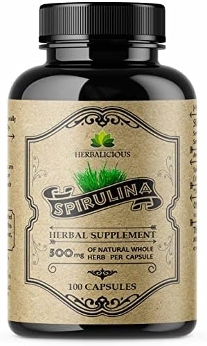 Herbalicious Spirulina Capsules-Natural Daily Superfood Supplement-Blue Green Algae Extract with B Vitamins Iron Amino Acid&Antioxidants to Support Immune System Function Total Body Cleanse 100pcs