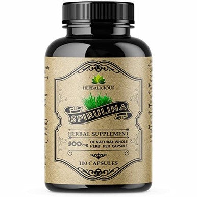 HERBALICIOUS Spirulina Capsules-Natural Daily Superfood Supplement-Blue Green Algae Extract With B Vitamins, Iron, Amino Acid&Antioxidants To Support Immune System Function, Total Body Cleanse 100Pcs