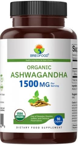 Brieofood Organic Ashwagandha 1500Mg, 45 Servings, Vegetarian, Gluten , 90 Vegetarian Tablets