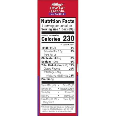 Kellogg's Low Fat Granola Cereal, With Raisins, 2.22oz (70 Count)