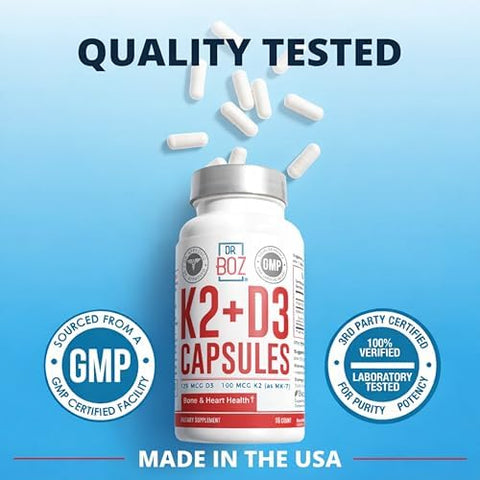 Dr. Boz K2+D3 Capsules 66 Servings Vitamin D3 K2 Supplement with BioPerine Bone and Heart Health Enhanced Absorption Quality Tested Made in the USA 5000iu (D3) 4000iu (K2) Self Care
