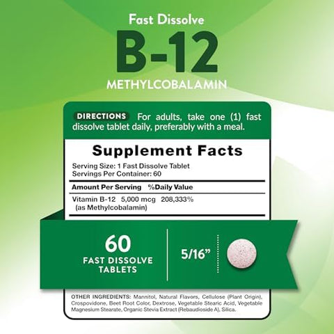 Nature's Truth B12 Vitamin 5000 mcg 60 Tablets Fast Dissolve Natural Berry Flavor Vegan NonGMO and Gluten Free Supplement Fast Dissolve Natural Berry Flavor Vegan NonGMO and Gluten Free Supplement