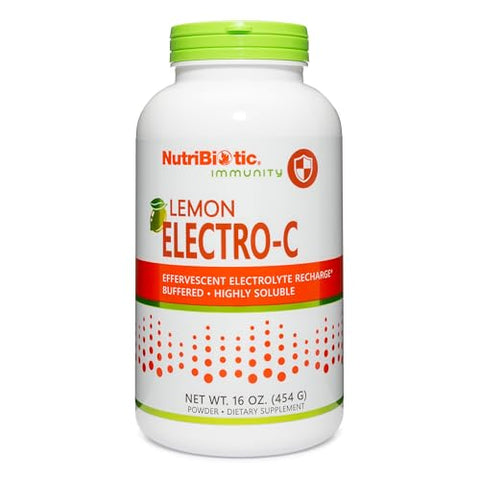 NutriBiotic Lemon ElectroC Vitamin C and Electrolyte Powder 850 Mg Vitamin C Per Serving Effervescent Electrolyte Recharge Buffered and Highly Soluble of Calories Gluten and NonGMO 16 OZ